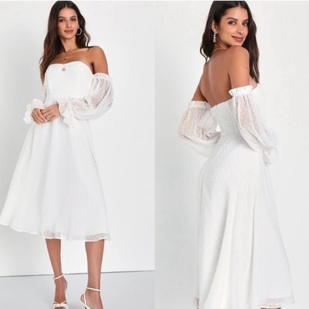 ⚫️ NWOT Lovely Angel White Swiss Dot Off-The-Shoulder Midi Dress​